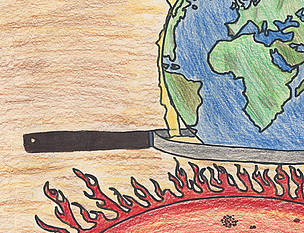 Earth being fried over a flame. International Children’s Painting Competition on the Environment ... / ©: Paint for the Planet - Abdul Rahman Anwar Elmeligg, Saudi Arabia / ©: Paint for the Planet - Abdul Rahman Anwar Elmeligg, Saudi Arabia