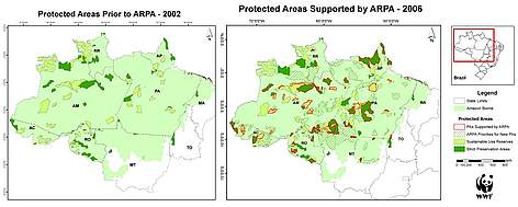 Protected areas in the Amazon prior to ARPA (2002) and supported by ARPA (2006)
© WWF-Brazil Map showing protected areas in the Amazon prior and post ARPA rel=