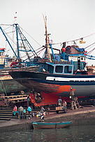 Maintenance of a traditional local fishing boat, antifouling painting of the hull. Essaouira, Atlantic ocean, Morocco.