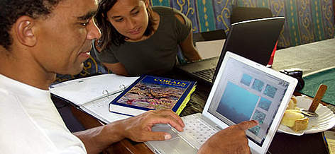 CORDIO coral biologist, Dr. David Obura, and WWF marine officer, Sangeeta Mangubhai looking at ...
© WWF / Cat HOLLOWAY Coral biologist and WWF Marine Officer, Phoenix Islands, Kiribati. rel=