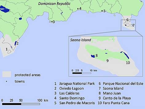 The south coast of the Dominican Republic, showing tagging locations and nearby features
© WWF/Marianne Fish. Basemap data - The Nature Conservancy. rel=