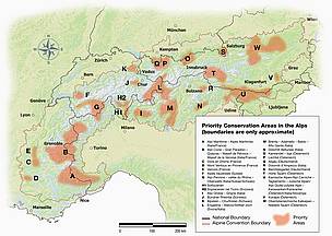Map of the Priority Conservation Areas (i.e. gemstones) of the Alpine ecoregion. © WWF European Alpine Programme Priority areas map - large file